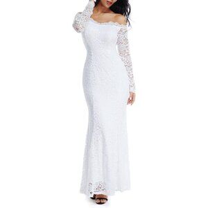 LALAGEN Women's White Floral Lace Long Sleeve Off Shoulder Wedding Mermaid Dress
